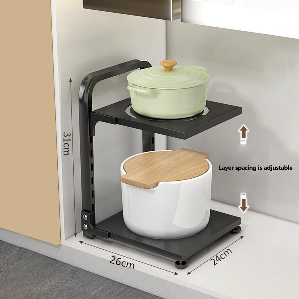 

2 Tier Kitchen Storage Rack Carbon Steel Adjustable Pot Pan Storage Shelf Under Sink Cabinet Organizer Black