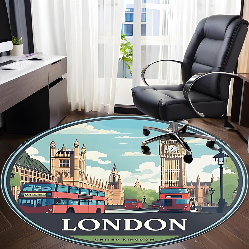 1pc London Bus Office Round Area Rug, Indoor Mat Suitable ForOffice, Under Office Chairs Bedroom Living Room Home Decor, Room Deco, n50