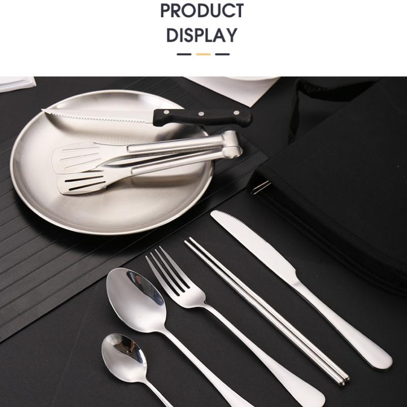 Outdoor Stainless Steel Tableware Set Portable Travel Knife and Fork Camping High-end Barbecue Plate Food Clip Spoon Set