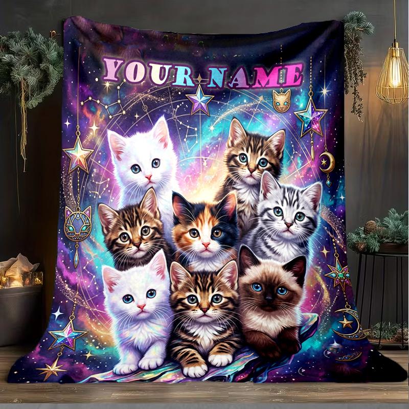 1PC Custom Name Cosmic Cat Collage Flannel Blanket Versatile,all-season Throw Suitable for the Living Room,bedroom,camping,travel,and Gift