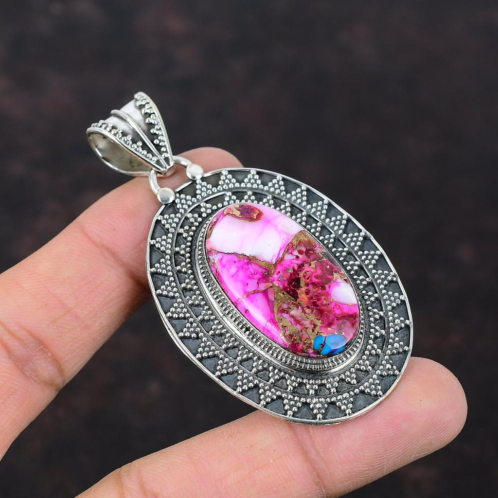 Natural Kingman Pink Dahlia Turquoise Pendant 925 Sterling Silver Pendant Beautiful Gemstone Jewelry Handmade Vintage Pendant Gift For Women