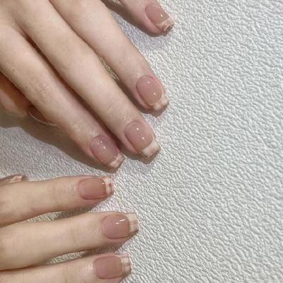 24x Reusable Full Cover False Nail Glossy Press On Nail Short Ballerinas Acrylic Nail French Tip Stick On Nail