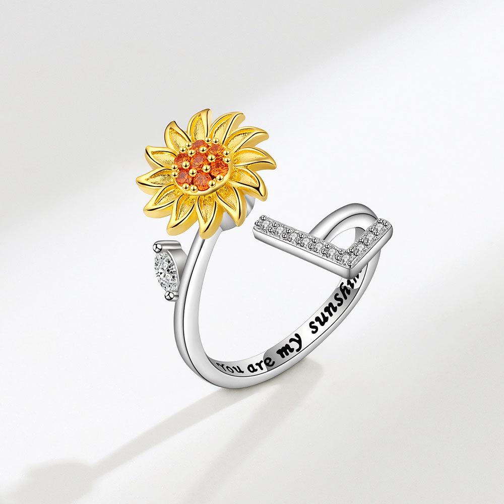 Creative Sunflower Rotating Ring 26 Letters Adjustable Open Design Women's Fashion Finger Jewelry Daily Wear & Gift Accessories