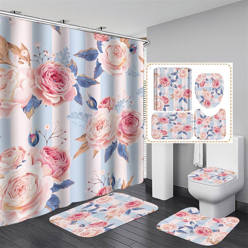 20 barev Rose Print 3D sprchový závěs s háčky Vodotěsný Koupelnový závěs Protiskluzová sada podložek do vany Toaletní koberečky Koberec Domácí dekorace