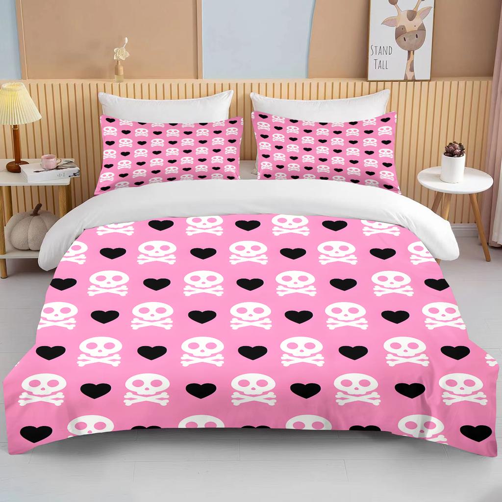 Pink Skull Print Bedding Set Duvet Cover 1 Duvet Cover 2 Pillowcases Adult and Children Bedding Set Luxury Grils Gift Full Size