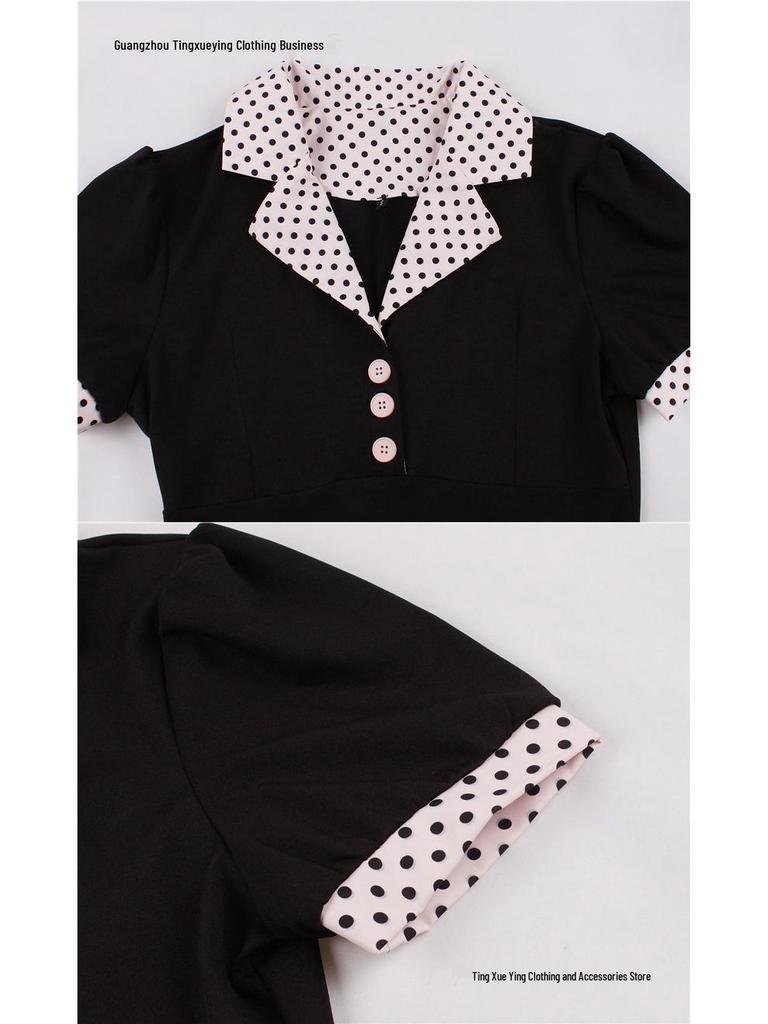 Stippen Revers Korte Mouwen Met Riem Afslankende Jurk voor Dames - Lente/Zomer Mode