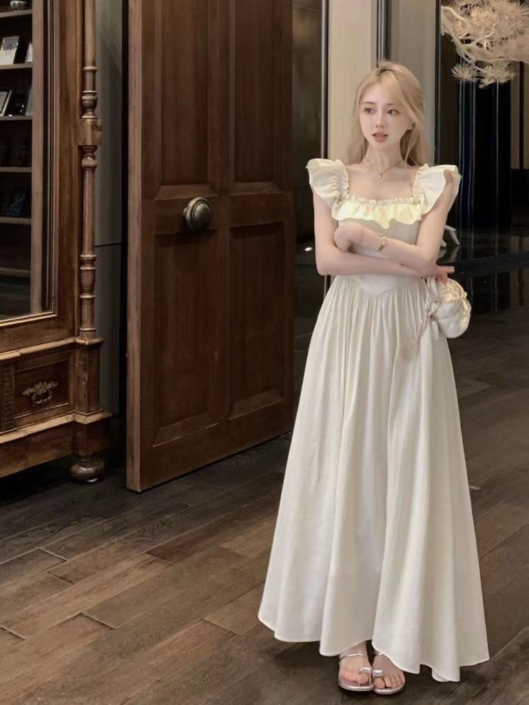 [The Original Method Has the Inside] Pink Small Flying Sleeve Dress, Summer Ruffle Edge Square Neck Long Dress, Waist a Word