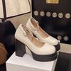Fashion Comemore Women Pumps Fashion Chunky High Heels Shoes for Women Platform Round Head Shallow Mouth Sweet Mary Jane Single Shoes