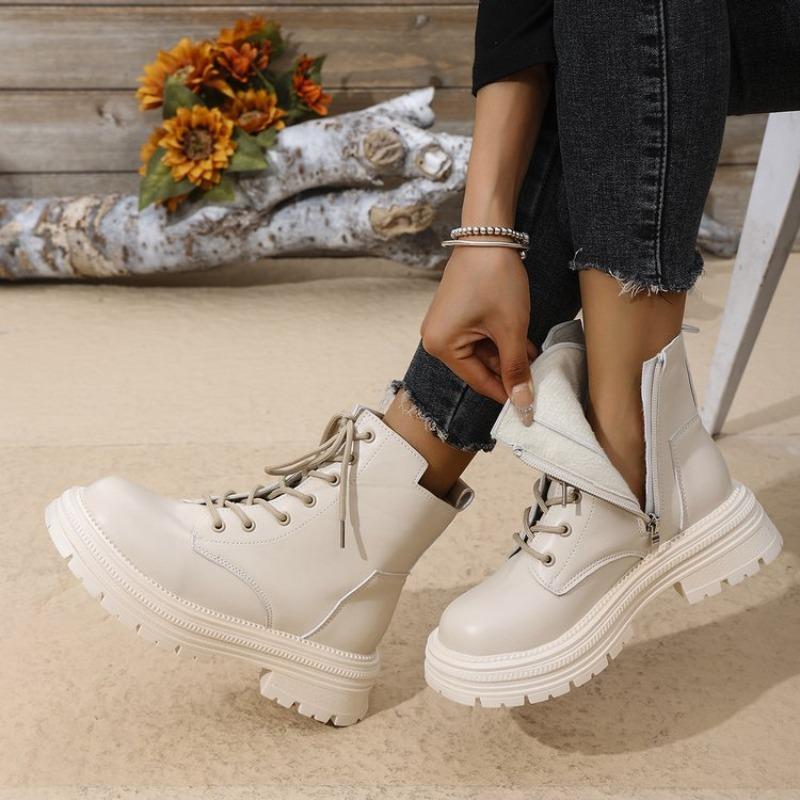 Plus Size Fall/Winter 2025 Women's Boots Martin Boots with Fleece Thick Soles and Lace-up Black Classic Booties for Women