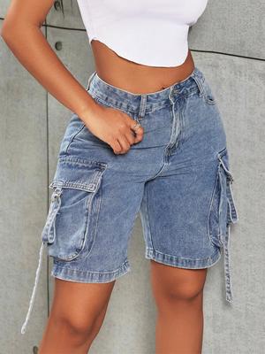 Rose Beauty A Y2K Street High Waist Flap Pocket Tape Detail Work Cargo Denim Bermuda Wide Leg Jean Shorts Summer Comfy Trendy Jorts