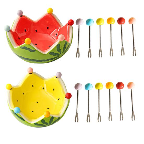 Fruit Plate And Fruit Fork Set Ceramic Watermelon Bowl with Stainless Steel Fork Multipurpose Kitchenware for Fruit Dessert Snacks
