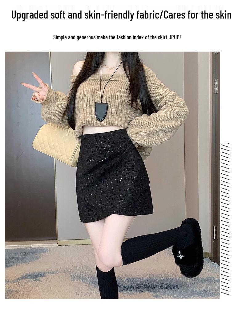 New Autumn/Winter 2025 Sequin Tweed High-Waisted Irregular Slim A-Line Skirt