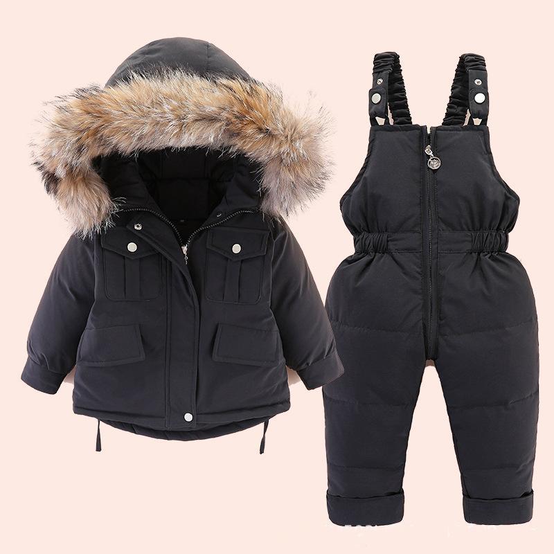 Two Pcs Set Children Winter Down Jacket Jumpsuit Baby Thicken Jacket Girls Coat Warm Real Fur Collar Boys Snowsuit Fashion