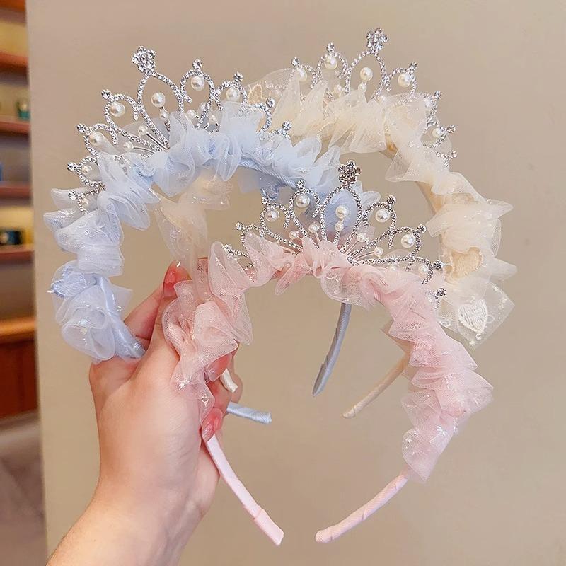 Forcina per capelli con corona in stile principessa, fiocco in rete, perla, piega, pizzo, ricamo