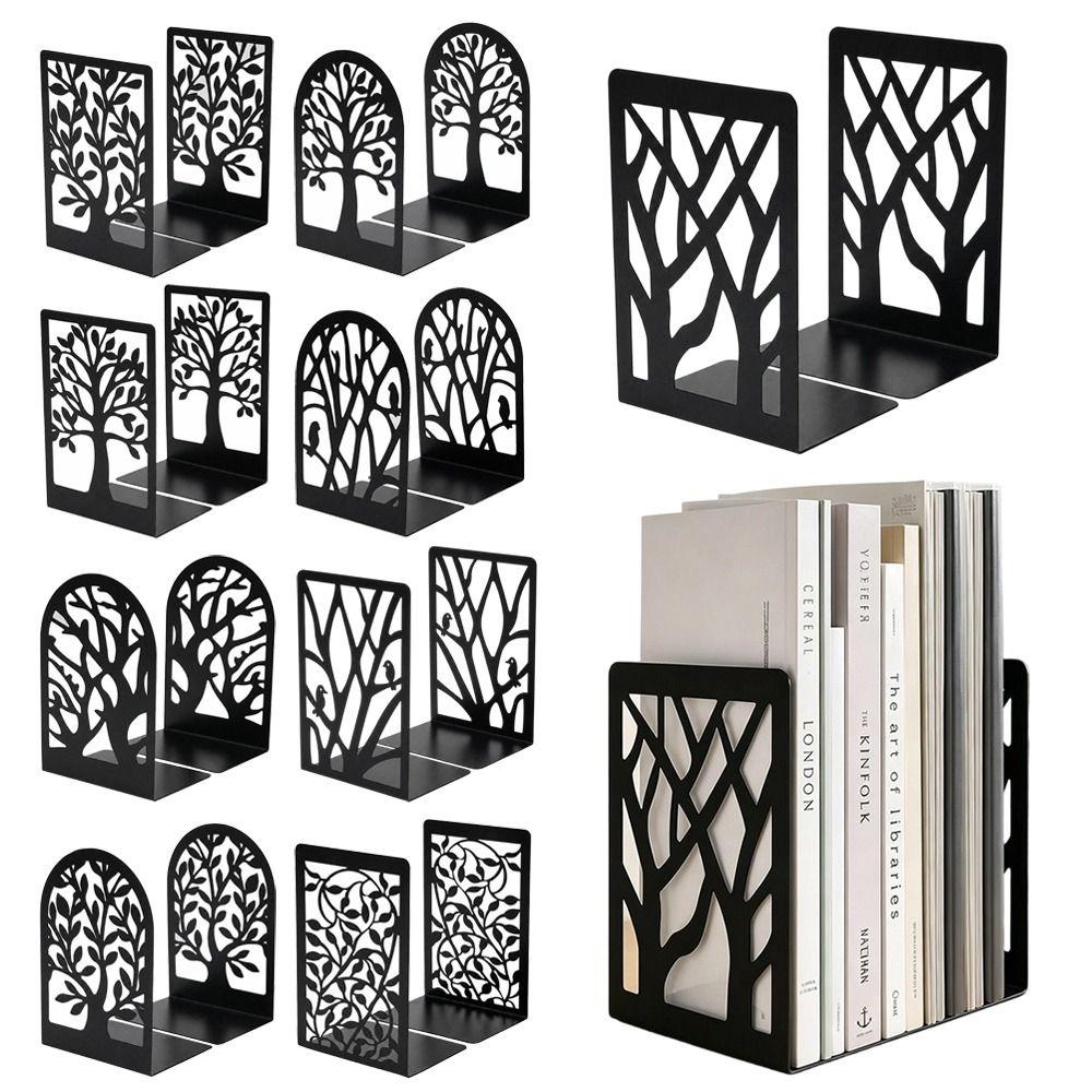 2Pcs Hollow Tree Pattern Metal Bookends T-Shape Non-slip Book Holder  Gift