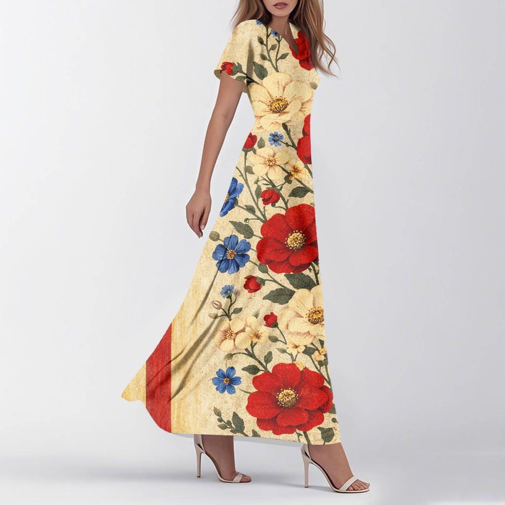 Dámské letní ležérní módní šaty s barevným potiskem Šaty s krátkým rukávem s výstřihem do V