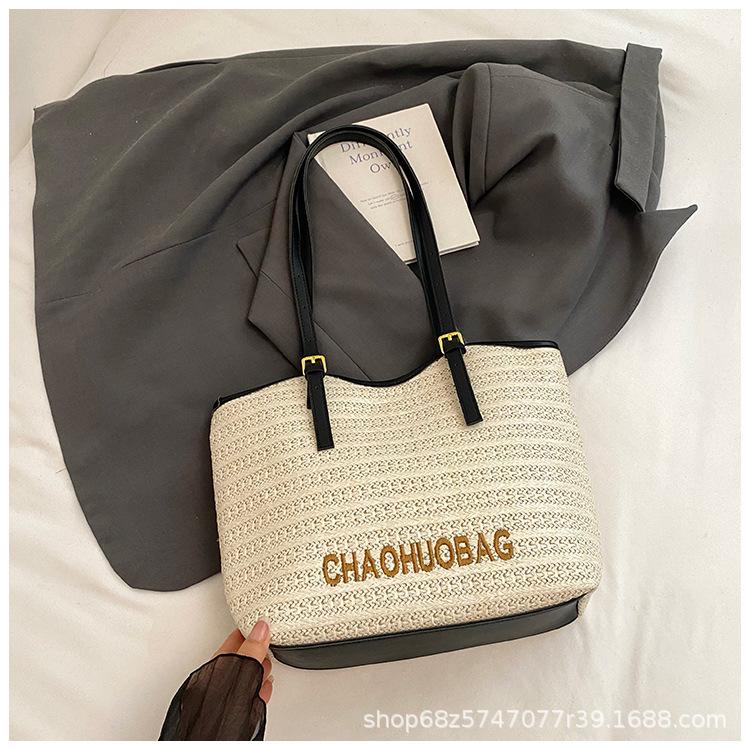 

2025 summer new fashion woven shoulder bag large capacity tote bag women s bag seaside vacation beach bag tide чёрный