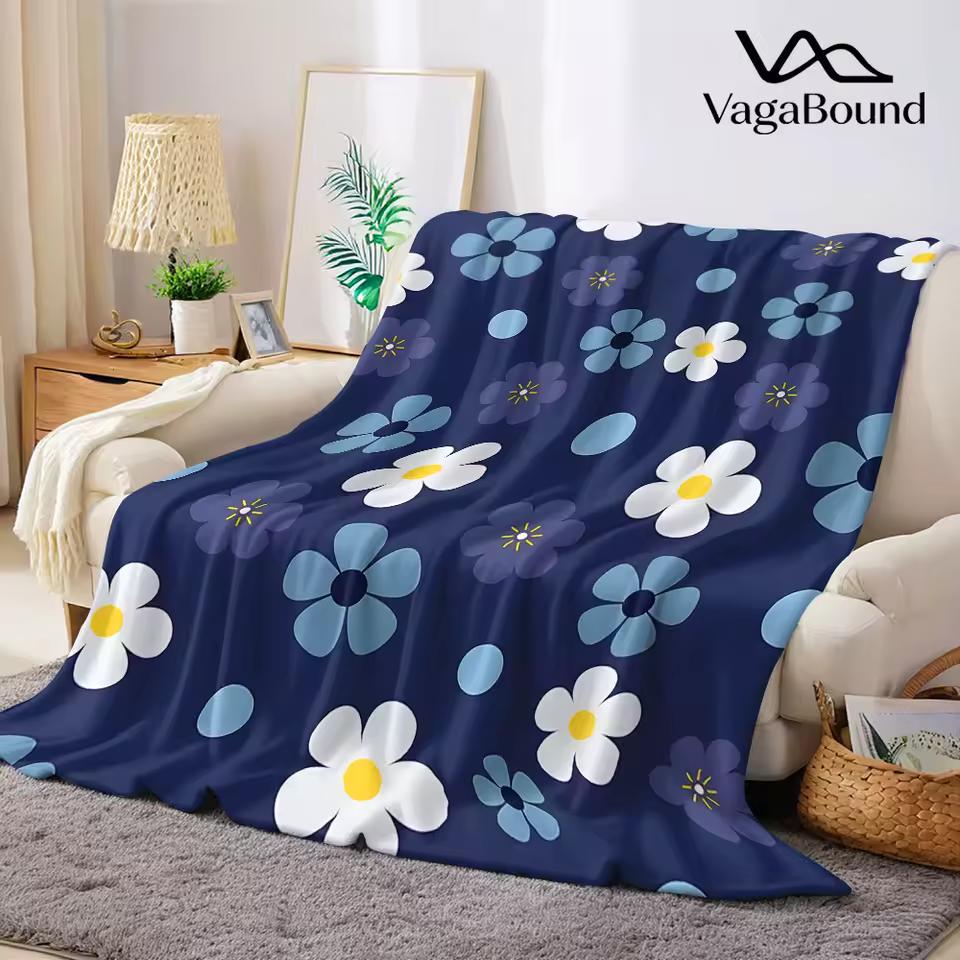 Navy Daisy Dot Print Flannel Blanket Warm Soft Halloween Christmas Decorative Couch Warm Cozy All-Season Gift