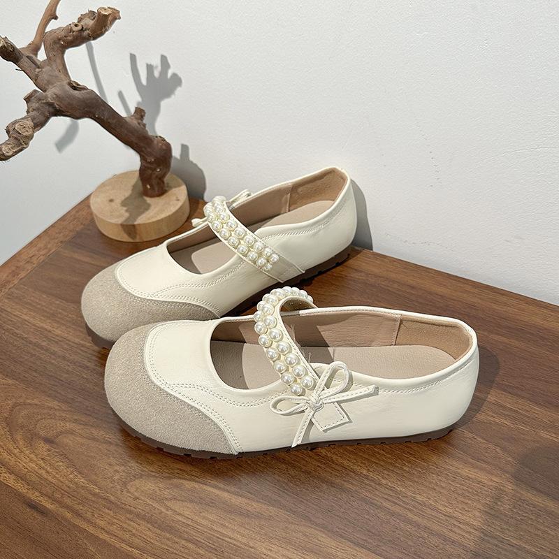 

Gentle evening breeze pearl bow Mary Jane shoes women s 2025 summer new silver single shoes flat jk small leather shoes 39
