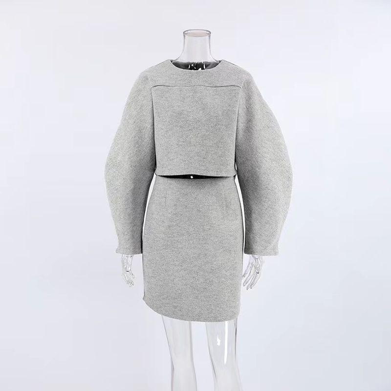 

New Arrival French round Neck Top Skirt Casual Two-Piece Suit round Neck Top Short Skirt Set Flower Ash S