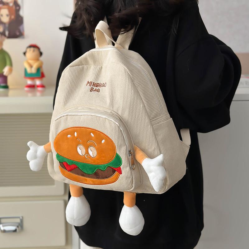 Schoolbag autumn and winter girl cute hamburger small schoolbag female Japanese ins ugly cute corduroy cartoon backpack small backpack