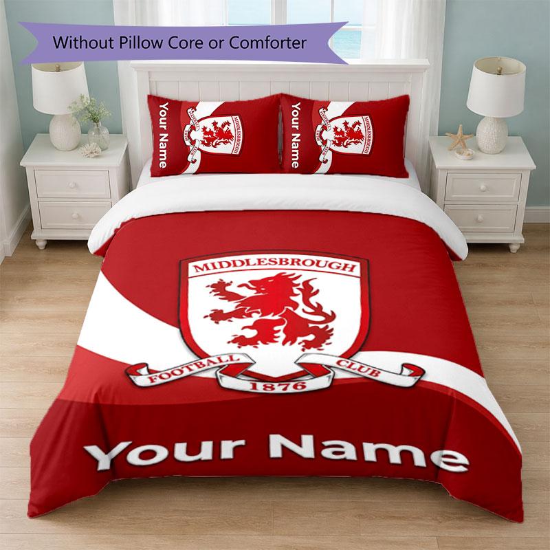 Set Biancheria da Letto Personalizzato Middlesbrough FC con Nome Testo 1 Copripiumino + 2 Federe Logo Calcio Regalo Personalizzato per Occasioni Speciali Decorazione Camera da Letto