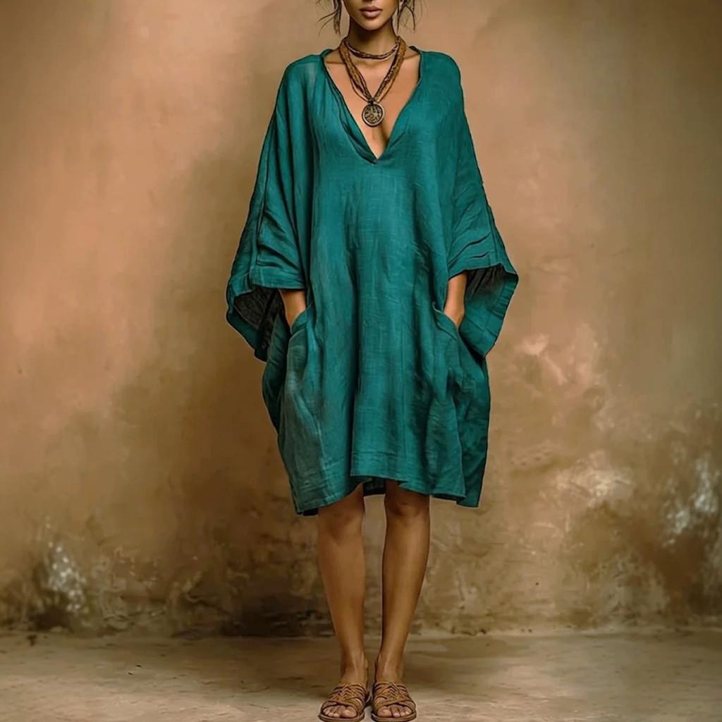 Elegante Vestito con Scollo a V, Tasche e Maniche a Pipistrello per Look Casual Primaverili