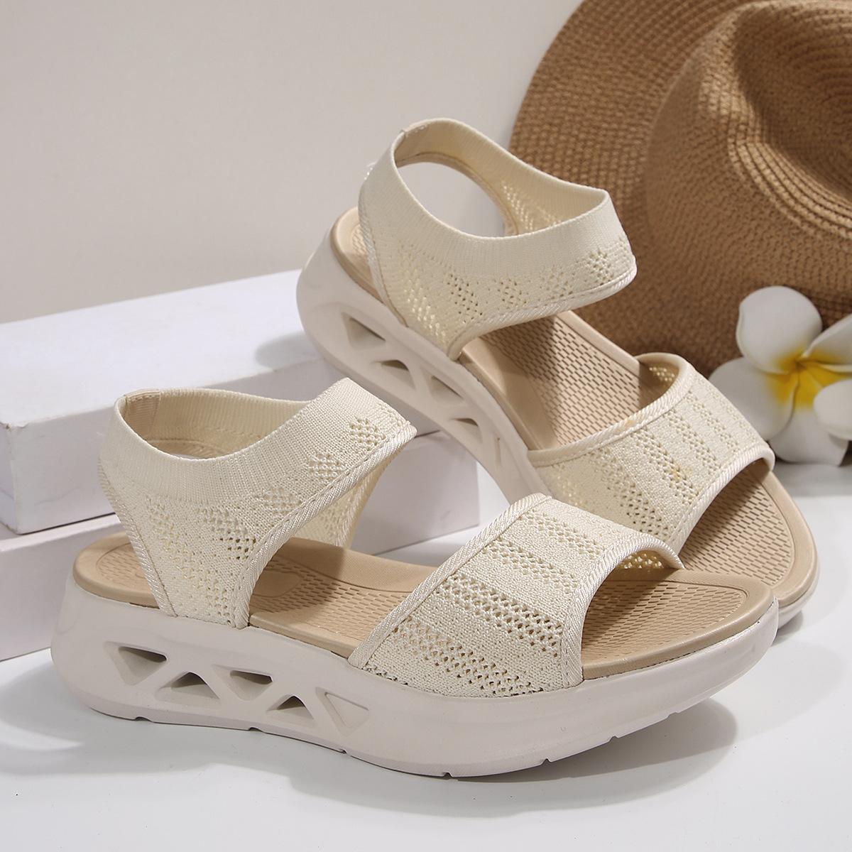 

Fashion Fish Mouth Sandals New Summer Casual Fashion Flat Beach Women s Shoes Beige Black Knit Elastic Band Casual Large Size Sandal 36 бежевый