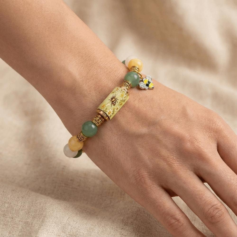Stainless Steel Beaded Stretch Bracelet Sunflower Bee Pendant Hand Chain Charm Bracelet Garden
