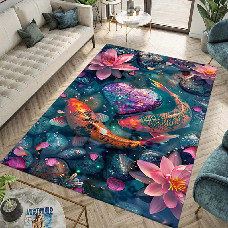 

3D Дизайн с Цветами и Карпами Кои - Полиэстеровый Моющийся Коврик для Гостиной, Спальни, Домашнего Офиса, Прихожей - Прочный Коврик для Стула 50x80cm