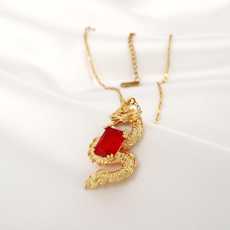 Copper Micro-inlaid Zircon Hip-hop Loong Ruby Pendant Necklace Temperament Light Luxury Niche Design.