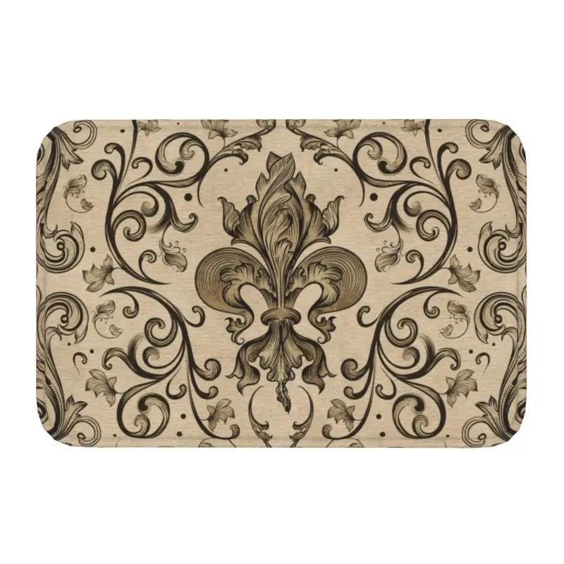 Lily Flower Fleur De Lys Pattern Floor Door Kitchen Bathroom Mat Anti-Slip Fleur-de-lis Balcony Entrance Rug 40x60cm