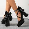 Fashion Vintage Black Chunky Heel Mary Jane Shoes Women Pointed Toe Platform High Heel Pumps Woman Satin Bowknot Ankle Strap Dress Shoes