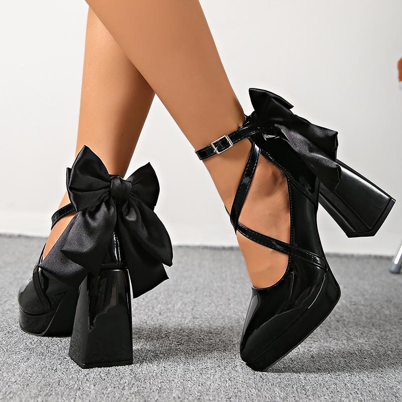 Fashion Vintage Black Chunky Heel Mary Jane Shoes Women Pointed Toe Platform High Heel Pumps Woman Satin Bowknot Ankle Strap Dress Shoes