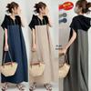 Zomer 2026 Dames Japanse Stijl Hooded Patchwork Casual Losse Midi Jurk met Korte Mouwen