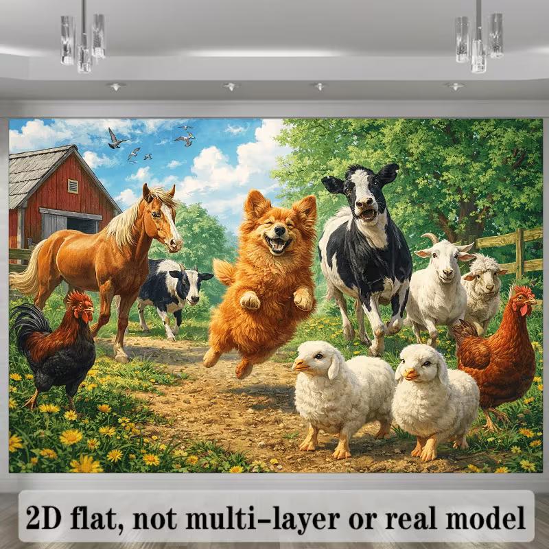 2D Farm Animal Background Banner, Happy Barnyard Animals & Barn Backdrop for Kids Photoshoot