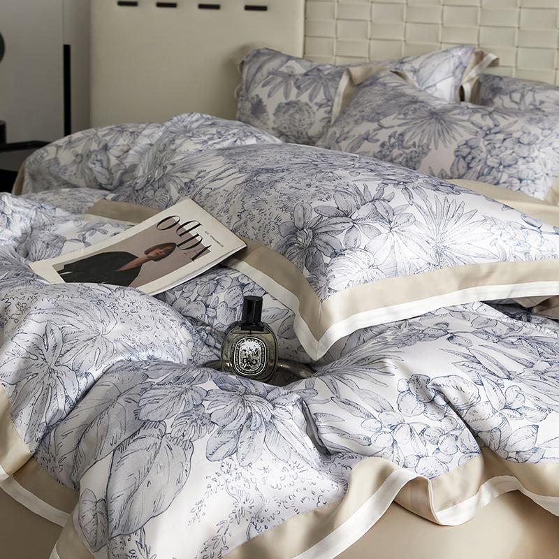 Floral Plant Print Color Blocking Bedding Set Lyocell Bamboo Fiber Soft Silky Duvet Cover Flat/Fitted Bed Sheet Pillowcases 4Pcs