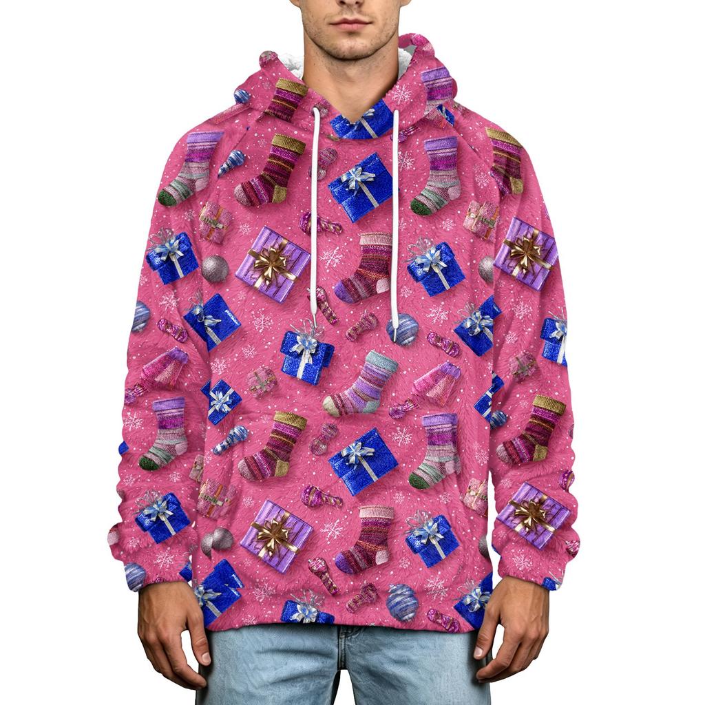 Men's Christmas Print Flannel Hoodie Plus Size Casual Hooded Sweatshirt for Fall and Winter