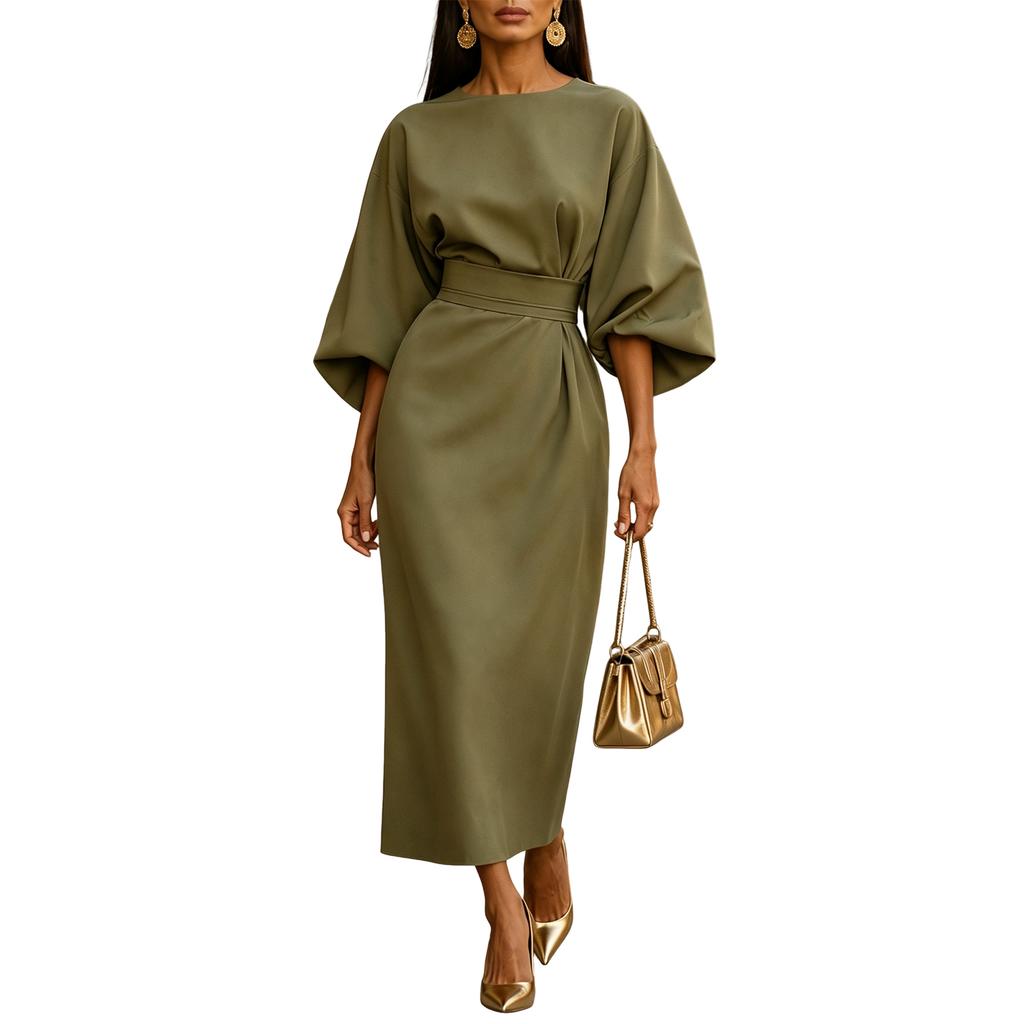 Damen Color Casual Langarm Maxikleid mit tailliertem Bund