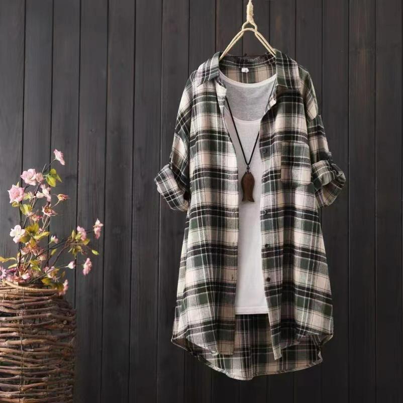 

Plaid Shirt Women s Summer and Autumn Mid-length Loose Lazy Style Hong Kong Style Plaid Shirt Jacket Top Women 3XL