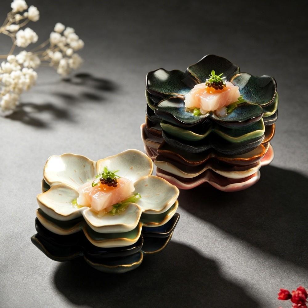 Multi-color Ceramic Dipping Plate Vintage Seasoning Sauce Dish Decorative Petal-Shaped Dish Party