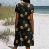 Short Sleeve Boho Dress For Women Casual Loose Fit Summer Sundress Feathers Print Dress With Pockets