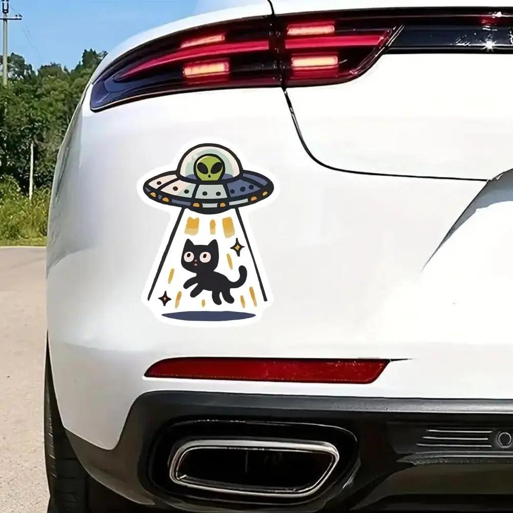 Cute UFO Cat Waterproof Sticker, Durable Easy Apply Vinyl Decal for Car Motorcycle Laptop Luggage