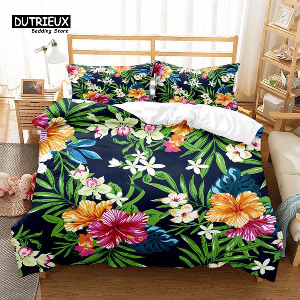 Floral Bedding Set Botanical Duvet Cover Queen Soft Boho Rose Flowers Leaves Print Comforter Cover For Kids Teens Adults Decor