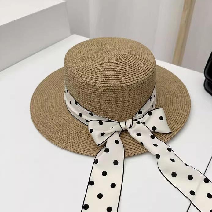 New Straw Hat Summer Sun Hat Polka Dot Long Streamer Flat Top Hat Seaside Beach Vacation Sun Hat