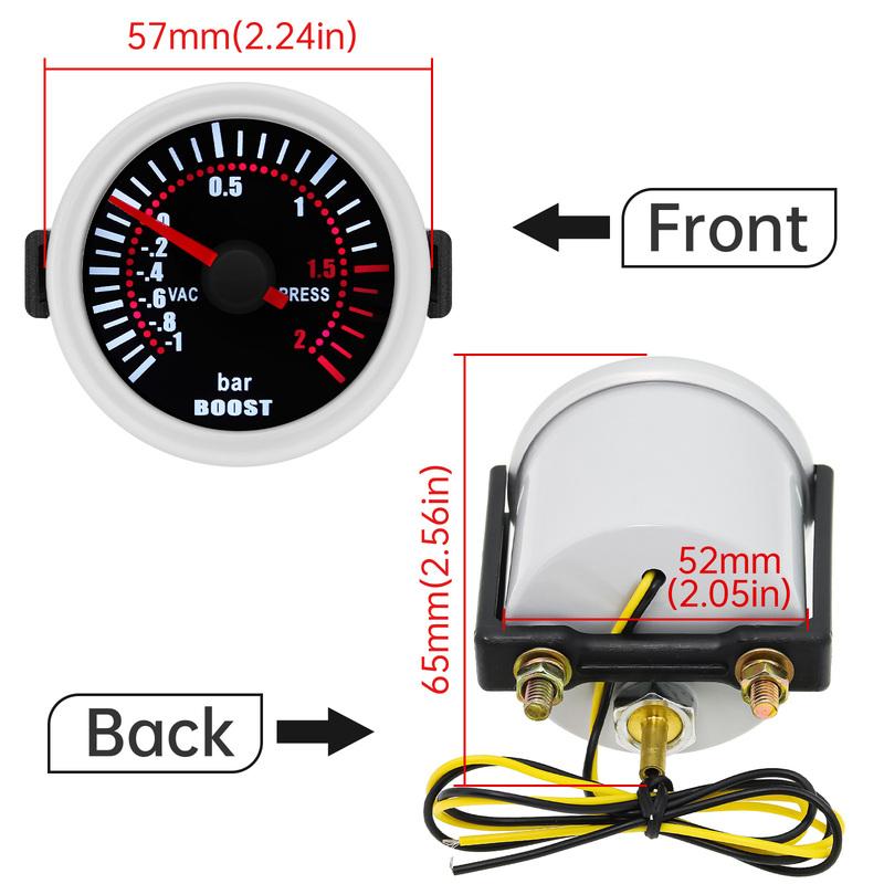 Universal 12V Auto Car 52mm Smoke Len Pointer Boost Gauge -1~0~2 BAR Turbo Boost Meter White LED PSI Turbo Pressure Gauge