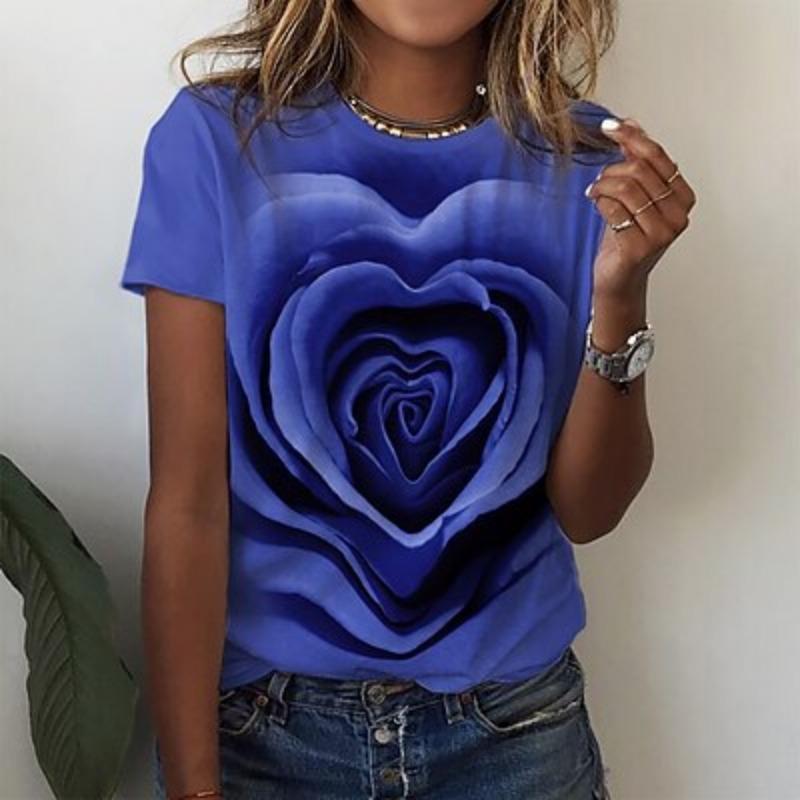 Women's Valentine Rose T Shirt Basic Rose Regular Tops Short Sleeve Round Neck Print Regular Fit Holiday Weekend Pink