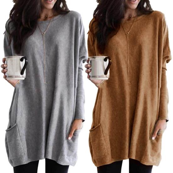 Dámské jednobarevné tričko velké velikosti s dlouhým rukávem, tunika s kapsami