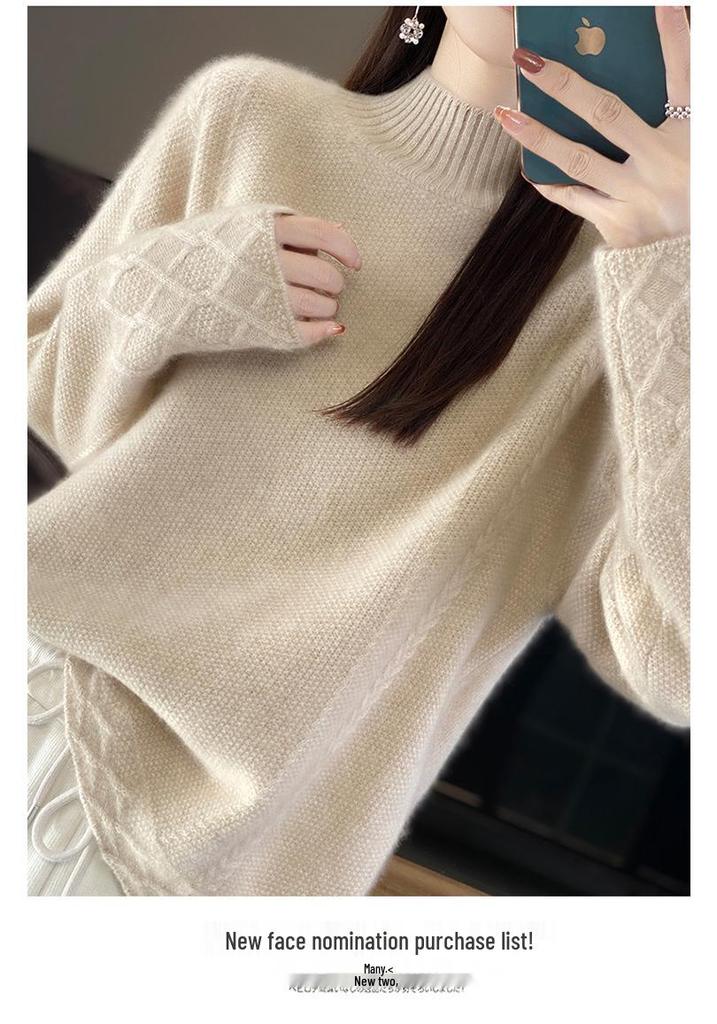 Women's Pure Wool Half-High Collar Sweater, Loose Fit, Cashmere Base Layer, Retro Jacquard Knit Pullover
