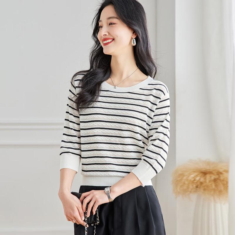 Srcr Women's Retro Striped 3/4 Sleeve Knit Sweater